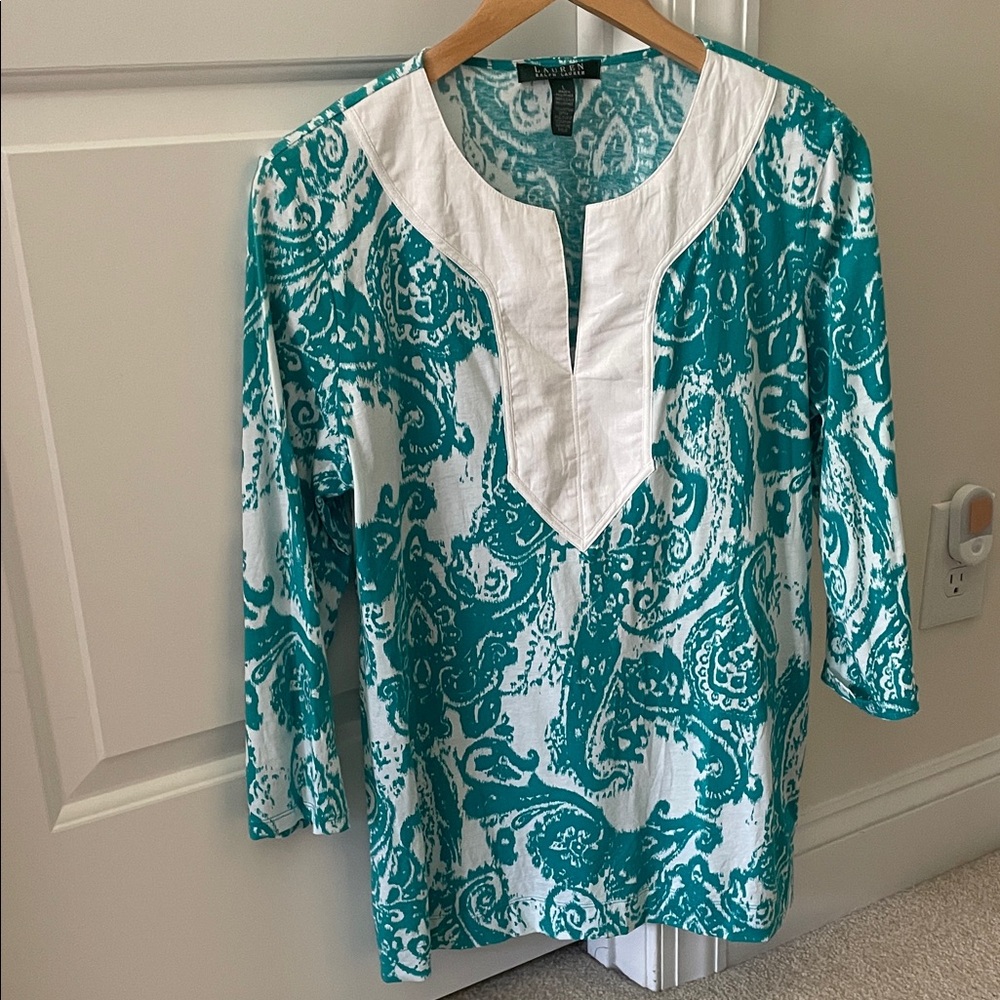 Talbots Teal & White Paisley Tunic with Contrast Yoke